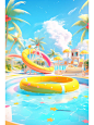 Using a reference image as an example, render a three-dimensional visualization scene, including a circular stage amusement park, roller coaster, swimming pool spray, coconut trees, bright yellow color, bright colors, and bright sunshine, blender, C4D,OC 