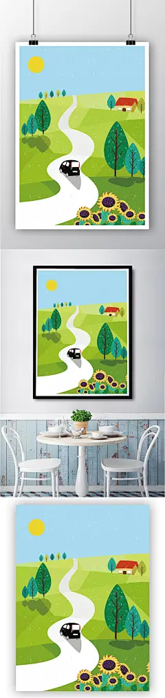 清新唯美乡村手绘绿色山路花树矢量插画模板
