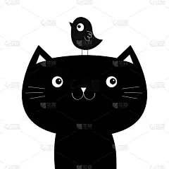小猫头像剪影和搞笑小鸟。可爱的黑色卡通人物。可爱的小宠物。笔记本封面，t恤，贺卡印刷。平面设计。北欧