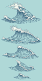 Set Sea waves. Vector engraving.