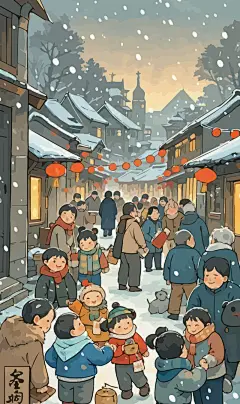 春节雪景街景庆春插画图形元素