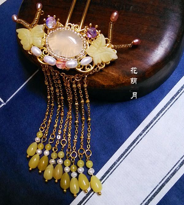 俏色如春软萌呆柠檬玉蝴蝶珍珠步摇cos古典汉服发饰盘发簪子淘宝北坤