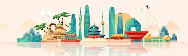 国风北上广深城市地标建筑彩色矢量插画