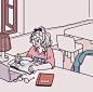 【韩国的插画师별점퍼作品】
—— 별점퍼的简单日常作品给人感觉悠闲惬意，对线条和颜色的把控十分熟练，仅仅几笔就把人物的动态和布料的柔软表现出来。画面中并没有太多的细节，颜色也极尽简洁，流畅的线条与温暖的色调相结合，舒适又温馨，把一个人的生活描绘的美好而让人向往。
