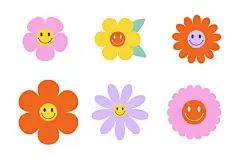 vector set of colorful groovy flowers with smiling faces - 元素 幅插画文件、美工图案、卡通及图标