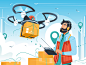 Man controls drone delivery kit8 flat vector illustration device smartphone delivery drone architecture marketing shop