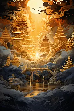 金色神话建筑神仙洞府古风原画