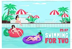 简约夏日扁平风海滩沙滩鸽子排球泳池度假旅行插画矢量图设计素材-淘宝网