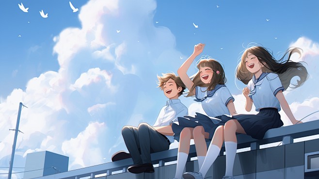 毕业季穿着校服的同学们坐在学校天台创意插...