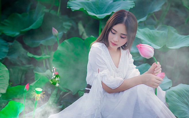 荷花仙子小清新白裙美女唯美写真电脑桌面壁纸