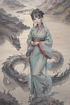 AI数字艺术古风女孩和龙水墨插画-众图网