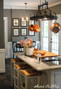 copper cookware and gray walls