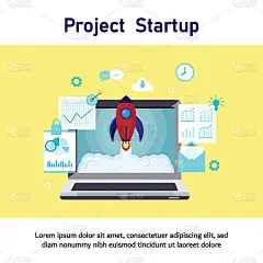 创业项目启动流程、创业创意启动、项目管理、创业计划、创业沟通、创业启动平面商业矢量插画设计。