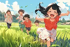 晴天春游蓝天秋游奔跑孩子插画图片