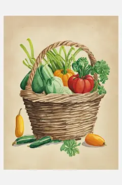 AI数字艺术蔬菜篮子水彩插画-众图网