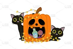 万圣节贺卡上有黑猫、南瓜、糖果、毒瓶和灯泡。可爱的节日卡通人物。向量