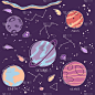 星座行星集合，地球，月亮，土星，金星，火星。，卡通太阳系。夜空。