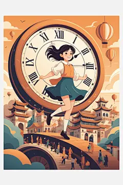 数字艺术插画版画海边女孩线条画扁平风装饰-众图网