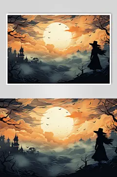 数字艺术万圣节巫女插画