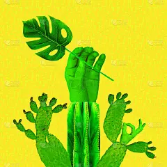 当代最小艺术拼贴画。С行为绿色的手。热爱大自然的人的概念。生物生态的生活