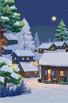 冬季夜晚梦幻小木屋