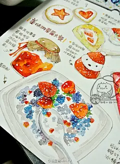 美味的草莓大餐 @金鱼酱-JINYU #水彩# #插画# #小清新# #美食# #零食#
