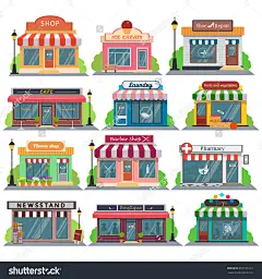 的一组矢量平面设计饭店和商店门面图标。包括商店、报纸、咖啡店、冰淇淋店花