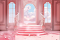 A pink and white room illuminated by lights in the style of storybook illustrations, neoclassical compositions, surreal architectural landscapes, high-angle, smoky backgrounds, high-resolution, 3Dblender effects,