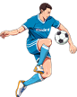 粗描边潮流运动员插画-穿蓝色球衣踢足球的男生