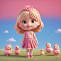 00057-2278188335-A little girl of five or six years old is walking on the grass, wearing pink clothes, a pink rose on her head, long golden hair,