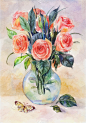 玫瑰,花瓶,水彩画,静物,粉色,自然美,花束,矢量,复古