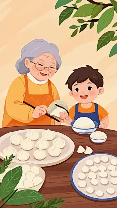 老奶奶包饺子包子矢量插画图形