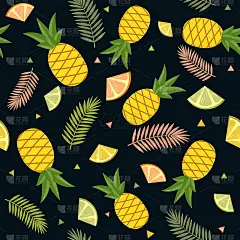 热带模式上的白色背景水果，菠萝，柠檬，酸橙和棕榈叶。颜色向量插图。设计，表面处理，纹理，印刷，壁纸，