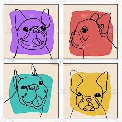 集最小斗牛犬抽象幼稚手绘连续线和几何元素为一体的海报、挂墙、壁纸、纹理、横幅、标签、卡片等现代潮人风