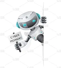 网络星期一机器人看角落海报在手上技术科幻未来可爱的小销售3d设计矢量插图