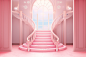 A pink and white room illuminated by lights in the style of story
