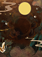 国潮敦煌壁画风日月星河鎏金背景插画