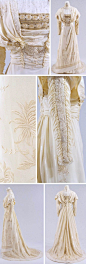 Cream silk dress, ca. 1910-12. Silk, lace, beads. Richly embroidered with chrysanthemums. Slightly higher waist, pintucks, asymmetrical skirt. Bunka Gakuen Costume Museum