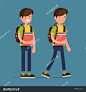 Cool vector flat design friendly smiling smart little boy kid character standing and walking with backpack, holding school books | Primary schoolboy full length basic poses