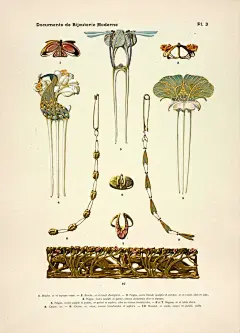 1900年代法国新艺术运动先驱 Paul Follot的珠宝首饰设计图鉴。法国作为新艺术运动的发源地，在19世纪末到20世纪初的短短几十年间出现了大量的天才级的新艺术风格的艺术家，Paul Follot就是其中非常重要的一位。新艺术的珠宝设计颠覆了整个世界的艺术和审美，它架构了珠宝艺术由古典通往现代的桥梁。@北坤人素材