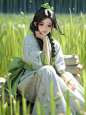 Ai绘画 稻田中的女孩国风插画 | midjourney