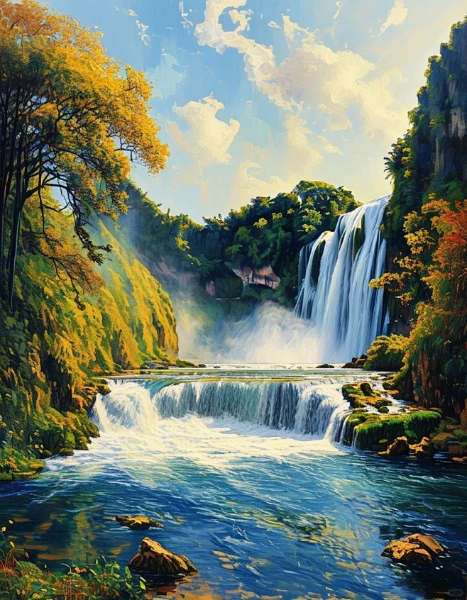 ai绘画油画黄果树瀑布小红书