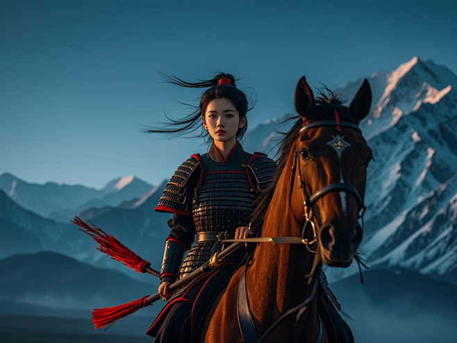 中国古代女武士，骑在马上，身穿贴身铠甲，拿着红缨枪，远处背景是白色的群山，马脸部看向镜头，女武士眼睛看着远方，画面昏暗，战争硝烟 (1)