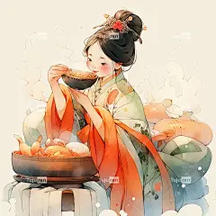 水彩画，中国传统女孩吃火锅，唐代奇幻喜庆海报