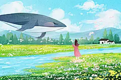 卡通可爱人物春夏出游田园风光插画