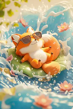 夏季卡通动物狐狸玩水