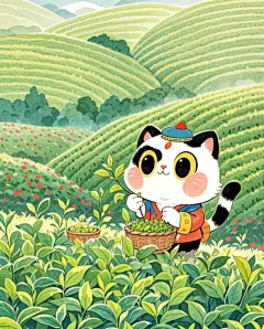 一大片茶园一只可爱的小猫在采茶叶国潮