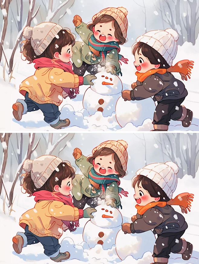 治愈系日系风格插画冬季雪天小孩堆雪人玩耍