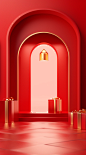 3d illustration of an archway and golden boxes, christmas decor, happy holidays, new year, decoration, red door with christmas gifts, in the style of monochromatic minimalism, salvador dalí, editorial illustrations, ricardo bofill, jeeyoung lee, emphasis 