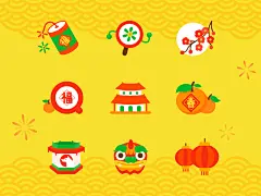 春节火薄脆饼干梅花的图标春节中国新年狮子传统橙色灯笼